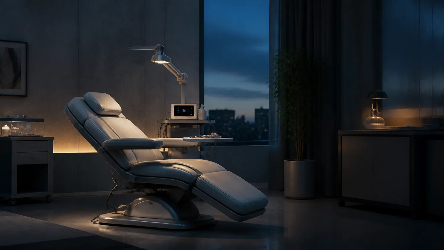 An empty near-future treatment room lit by soft cyan light