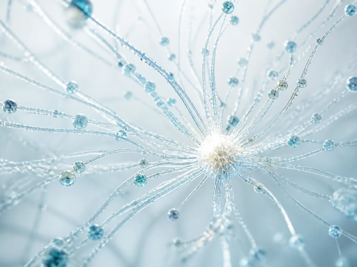 Abstract neural pathways converging toward a luminous central hub